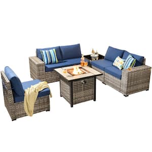 Tahoe Grey 7-Piece Wicker Wide Arm Outdoor Patio Conversation Sofa Set with a Fire Pit and Navy Blue Cushions