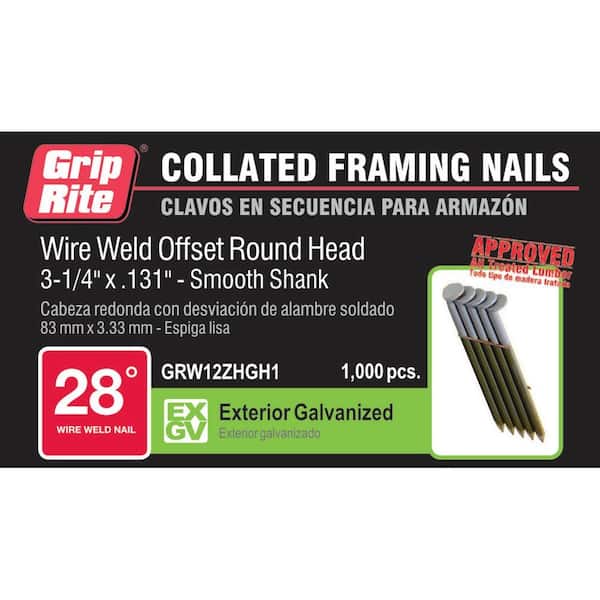 Grip-Rite 3-1/4 in. x 0.131 in. 28° Wire Collated Hot Galvanized Offset Round Head Smooth Shank Framing Nails 1000 per Box