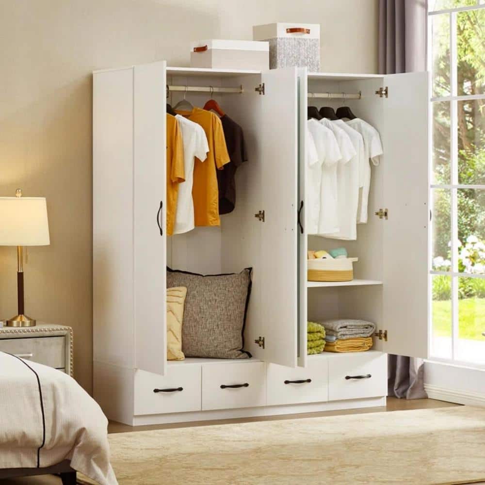 White Wood Armoire with Mirror, 4 Drawers, and Shelves