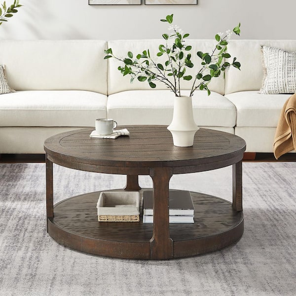 Corentine 40 in. Dark Brown Round Shape Wood Top Coffee Table, Rounded Table with Wheels