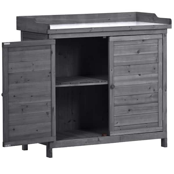 Sudzendf 39 in. W x 37.4 in. H Outdoor Potting Bench Table, Wood Storage Cabinet Garden Shed with 2-Tier and Side Hook in Gray