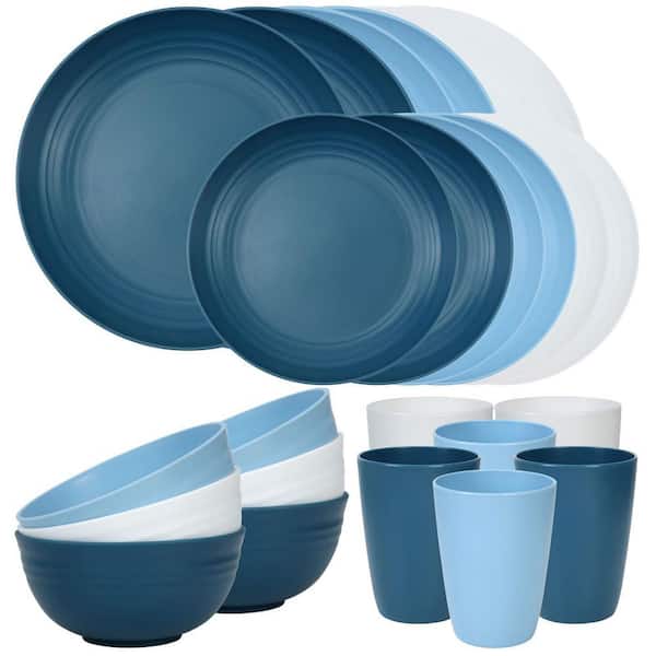 Camping and RV Series 24-Piece Unbreakable PlasticDinnerware Set - Dishwasher and Microwave Safe in Blue (Service for 6)