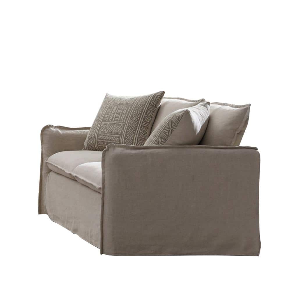 Beige Linen Loveseat with Removable Cushions and Wood Frame