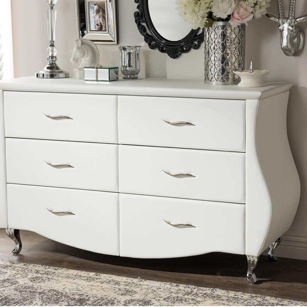 Enzo Luxe White Faux Leather 6-Drawer Horizontal Dresser