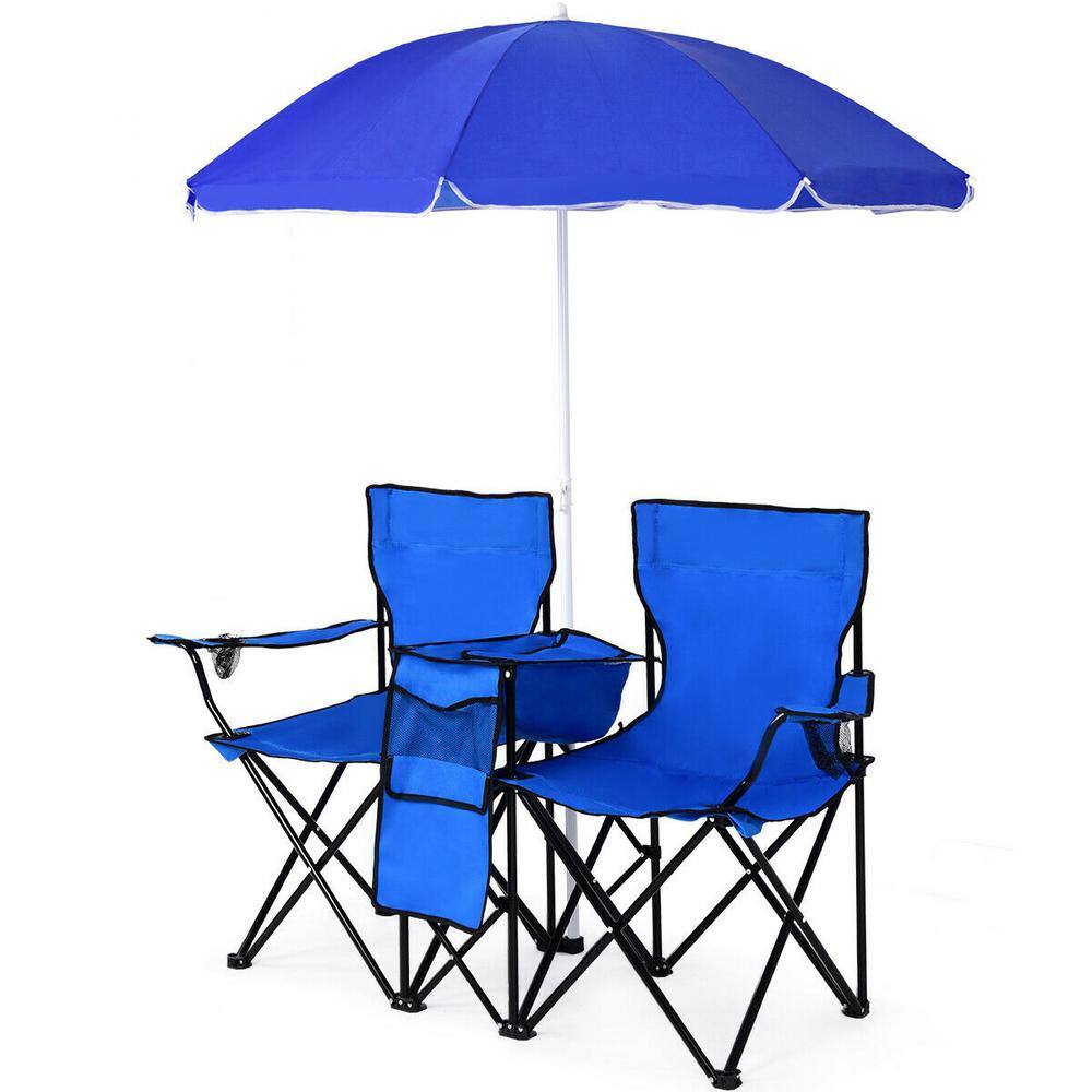 Blue Double Folding Camping Chairs with Umbrella and Cooler