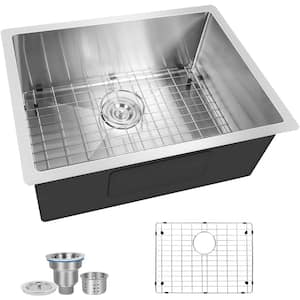 24 in. Undermount Single Bowl 16 Gauge Stainless Steel Kitchen Sink Basin with Bottom Rinse Grid, Cutout Template