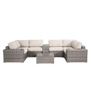 Gray 10-Piece PE Rattan and Plastic Wicker Outdoor Sectional Set with Sunbrella Beige Cushions, Side Table, Cup Holders