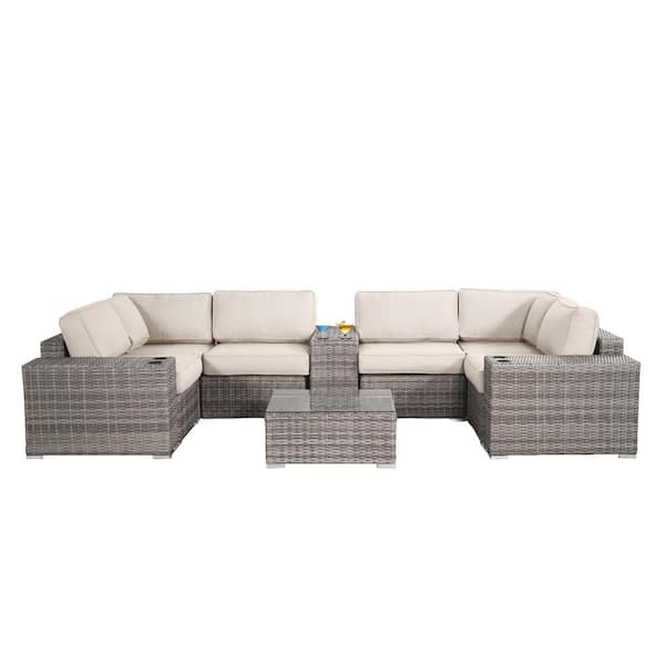 ITOPFOX Gray 10-Piece PE Rattan and Plastic Wicker Outdoor Sectional Set with Sunbrella Beige Cushions, Side Table, Cup Holders