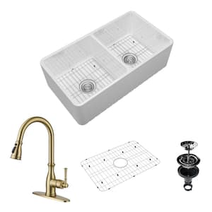 33 in. Farmhouse/Apron-Front Double Bowl Fireclay Kitchen Sink with Brushed Gold Faucet, Bottom Grid and Strainer Basket