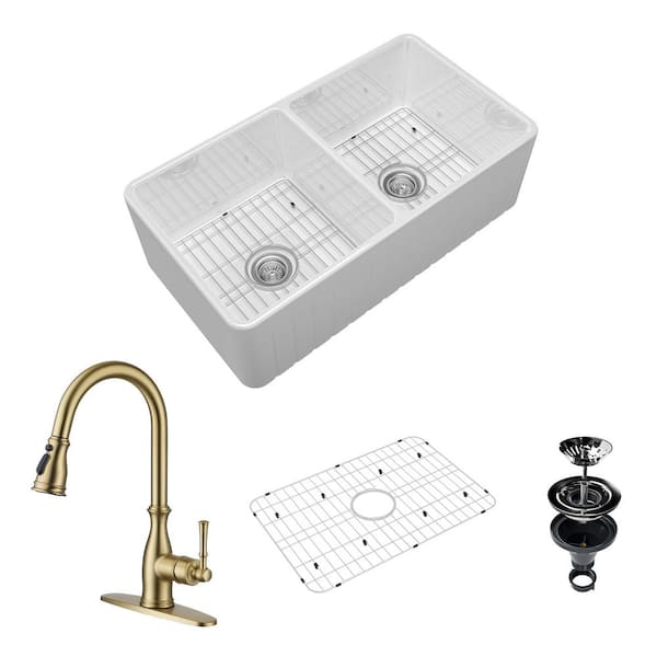 33 in. Farmhouse/Apron-Front Double Bowl Fireclay Kitchen Sink with Brushed Gold Faucet, Bottom Grid and Strainer Basket