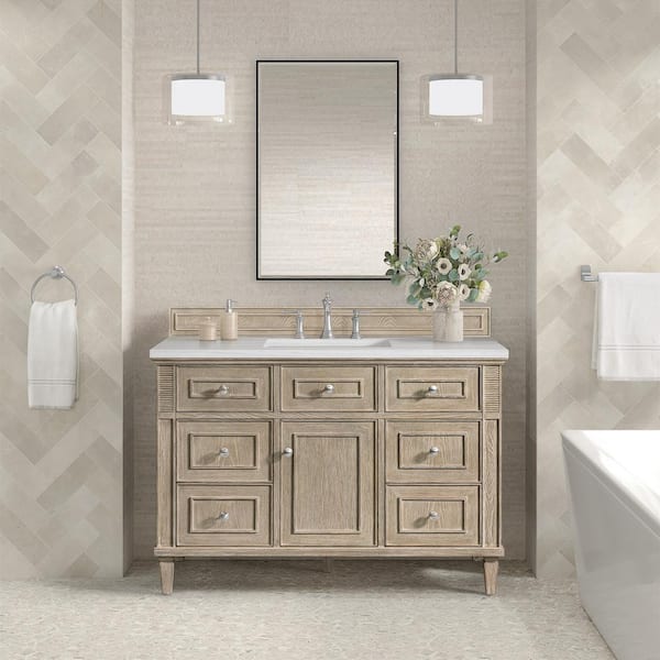 James Martin Vanities 48.0 in. W x 23.5 in. D x 34.06 in. H Single Sink Bath Vanity in Whitewashed Oak and Arctic Fall w/ Solid Surface Top
