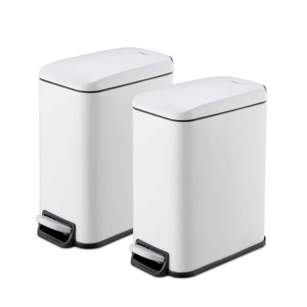 Matte White Stainless Steel Slim Step-On Trash Can Set