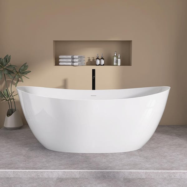 63 in. x 31 in. Acrylic Freestanding Soaking Bathtub Double Slipper Center Drain Free Stand-Alone Tub in Glossy White