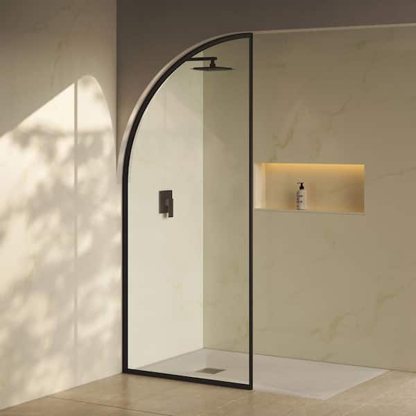 Demi 34 in. W x 76 in. H Framed Fixed 3/8 in. (10mm) Clear Tempered Glass Tub Door with Black Matte Frame