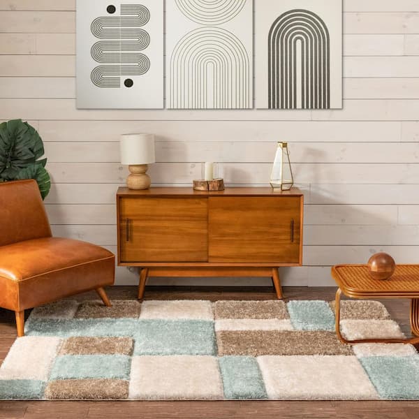 San Francisco Escondido Blue Modern Geometric Squares 3 ft. 11 in. x 5 ft. 3 in. 3D Carved Shag Area Rug