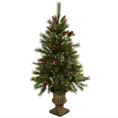 4 ft. Artificial Christmas Tree with Berries, Pine Cones, LED Lights and Decorative Urn