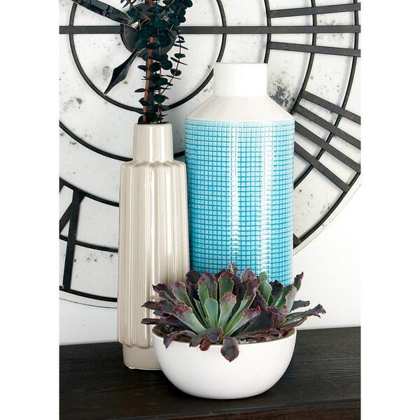 Litton Lane 16 in. Aqua Blue Ceramic Decorative Vase with a Spouted Top and Raised Grid Design