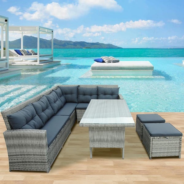 JimsMaison 6-Piece Wicker Outdoor Dining Set with Gray Cushions and Glass Table