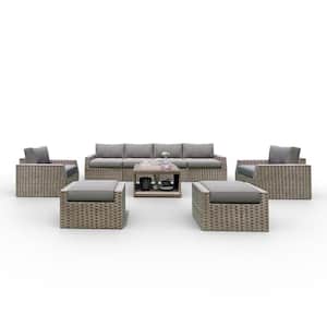 Gray 9-Piece Wicker Patio Conversation Seating Set with Gray Cushions