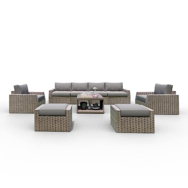 Gray 9-Piece Wicker Patio Conversation Seating Set with Gray Cushions ...