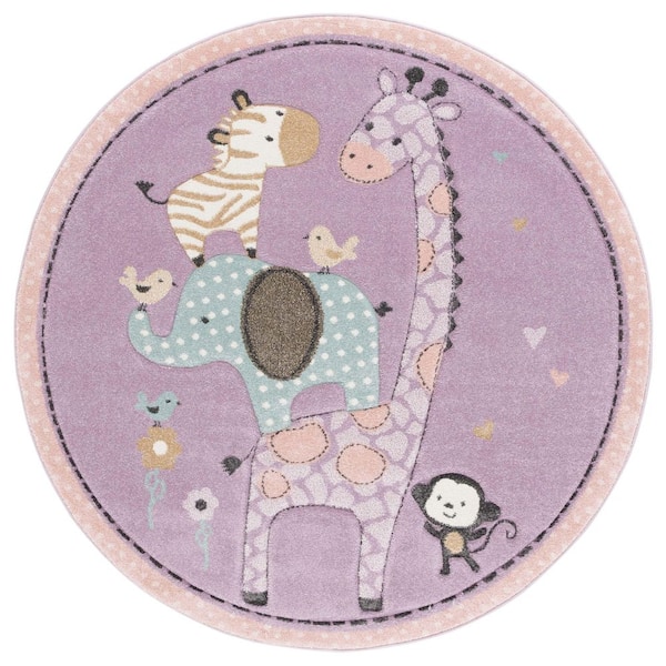 Carousel Kids 4 ft. x 4 ft. Round Purple Animal Print Area Rug