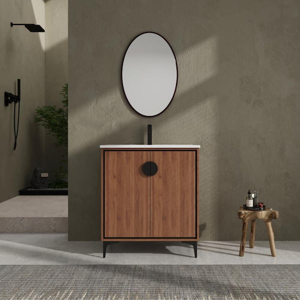 Dimakai 30 in. W Single Sink Freestanding Bath Vanity in Brown with White Ceramic Top