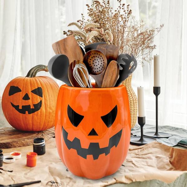 6.3 in. Halloween Pumpkin Ceramic Utensil Holder, Orange Rustic Farmhouse Utensils Crock for Kitchen Decorations