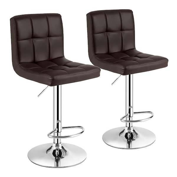 46 in. Brown Low Back Metal Adjustable Height Bar Stool with Leather Seat (Set of 2)