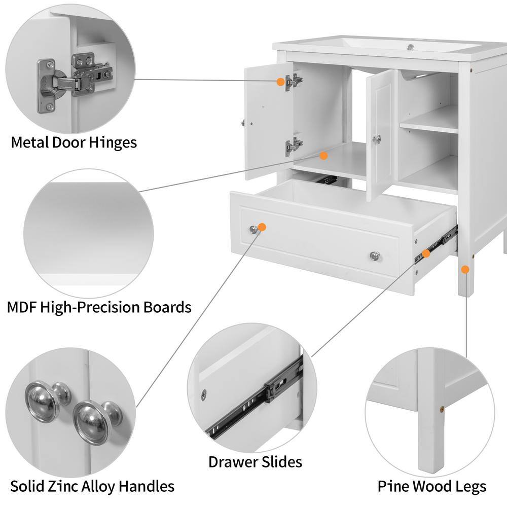 White MDF Freestanding Single Bathroom Vanity with Ceramic Top