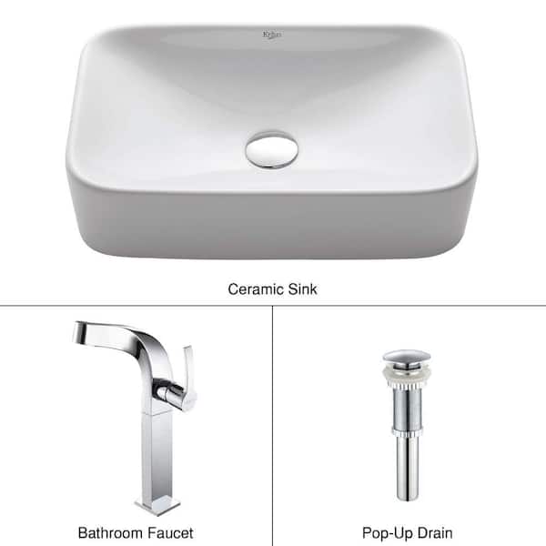 KRAUS Soft Rectangular Ceramic Vessel Sink in White with Unicus Faucet in Chrome