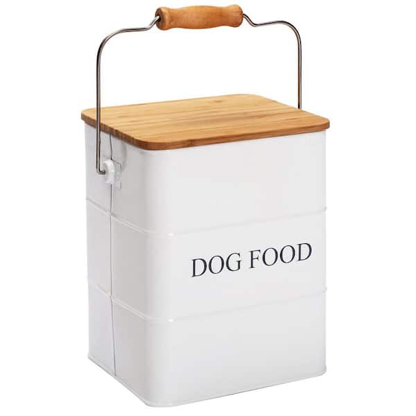 Dog Food Storage Container 5-6 lb. Metal Pet Snacks Canister with Wooden Lid Handle Service Scoop White