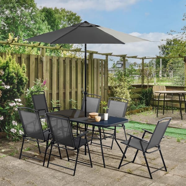moda furnishings Black 8-Piece Metal Rectangle Outdoor Dining Set and Umbrella