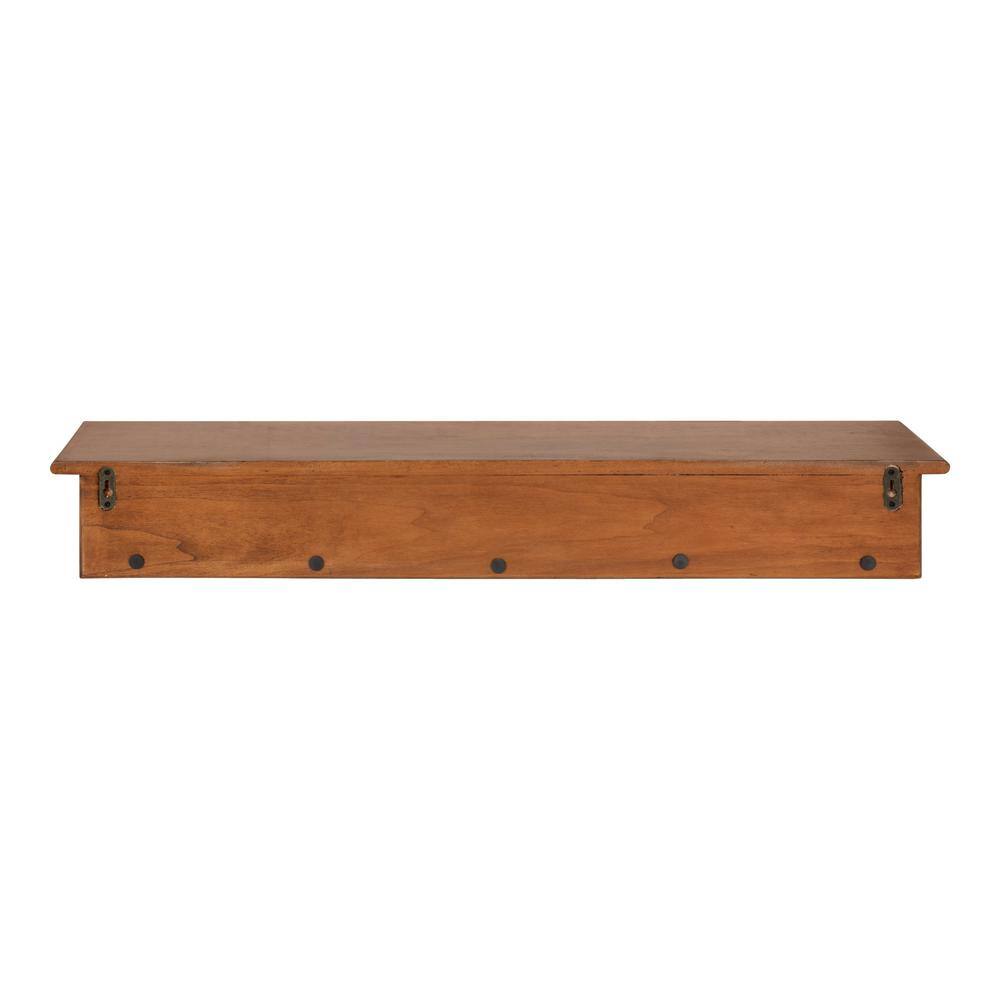 Walnut Brown 36" Floating Wood Shelf with Hooks