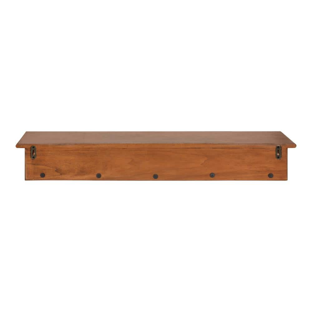 Walnut Brown 36" Floating Wood Shelf with Hooks