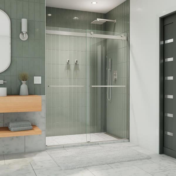 Essence 56 in. to 60 in. x 76 in. Semi-Frameless Sliding Shower Door in Brushed Nickel with Clear Glass