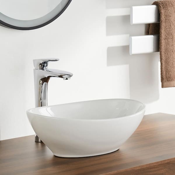 DEERVALLEY DeerValley Horizon White Oval Bathroom Ceramic Vessel Sink Art Basin Not Included Faucet