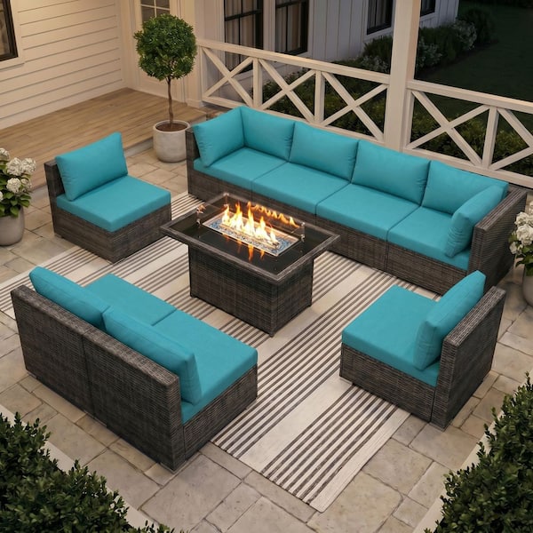 9 Pieces Gray Wicker Outdoor Sectionals Patio Furniture Set Conversation Set with Fire Pit Table and Teal Cushions