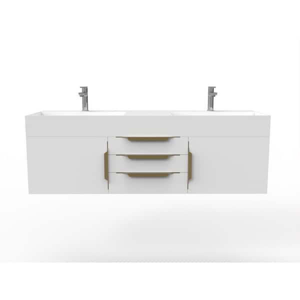 castellousa Maranon 60 in. W x 19 in. D x 19.25 in. H Double Floating Bath Vanity in Matte White with Gold Trim and White Top