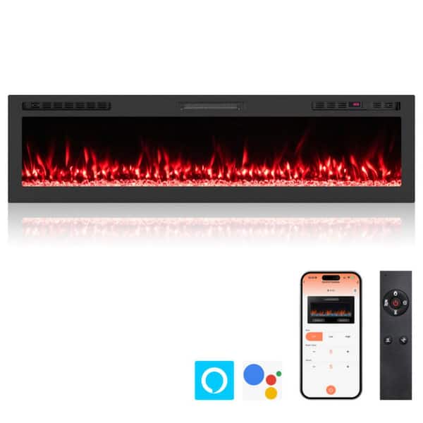 68 in. Smart WiFi Wall Mount Electric Fireplace in Black with 12 Flame, Remote, 5 Brightness, Timer, Recessed Fireplace
