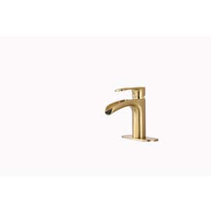 Mondawell Open Waterfall Single Handle Single Hole Low Arc Bathroom Faucet with Deckplate in Brushed Gold