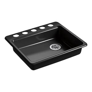 Riverby Undermount Cast Iron 25 in. 5-Hole Single Bowl Kitchen Sink in Black Black