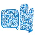Quilted Cotton Blue Heat/Flame Resistant Oven Mitt and Pot Holder Set (2-Pack)