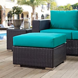 Convene Wicker Outdoor Patio Fabric Square Ottoman in Espresso with Turquoise Cushion