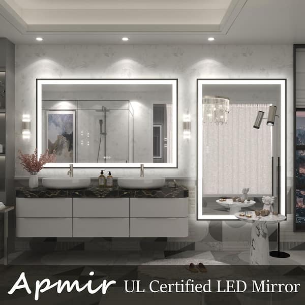 60in. W x 38in. H Rectangular Framed UL Certified Front and Back LED Anti-Fog Tempered Glass Wall Bathroom Vanity Mirror