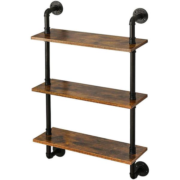Aoibox 23.62 in. W x 7.87 in D 3-Tier Rustic Brown Industrial Pipe Shelf Decorative Wall Shelf, Metal Bracket Bookcase