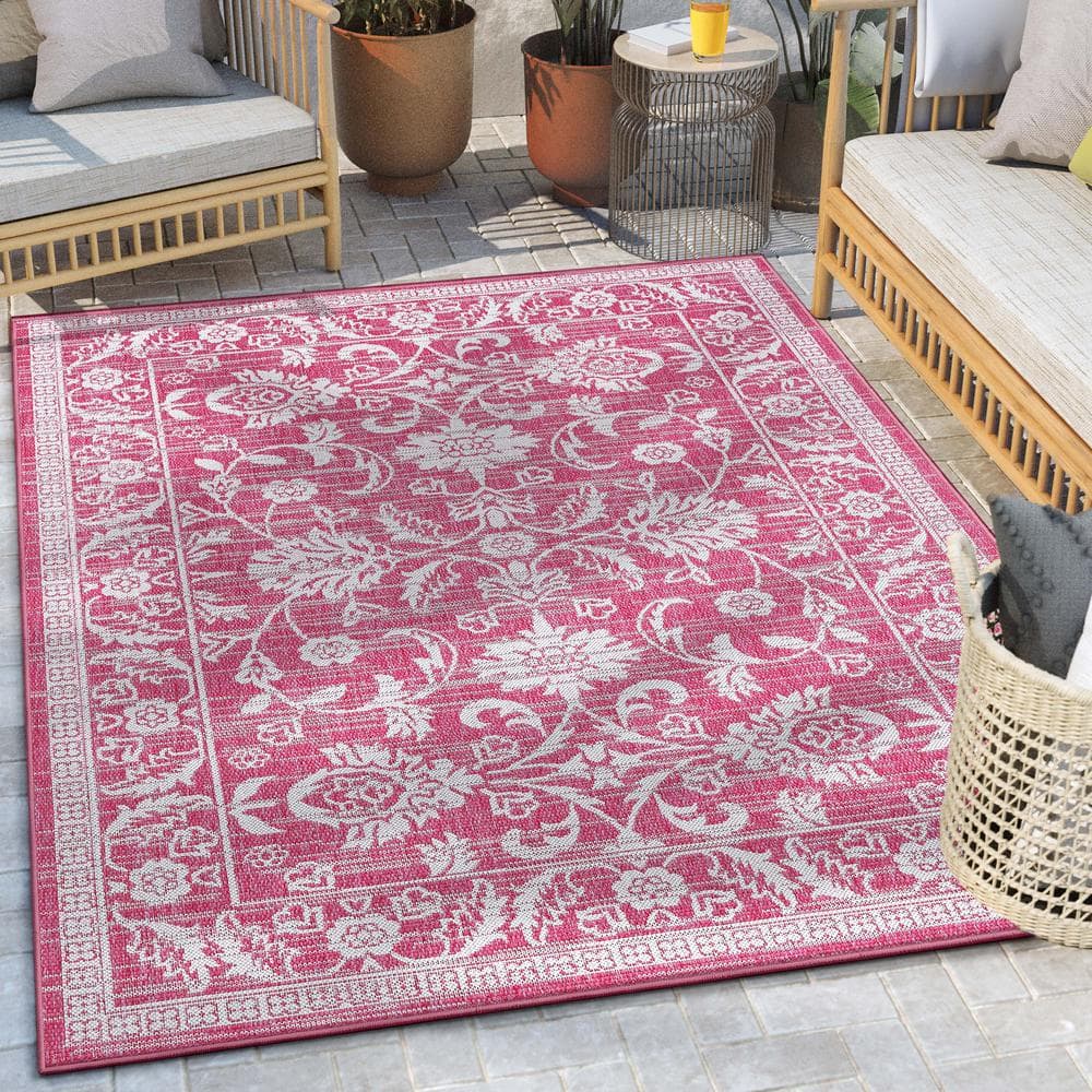 Fuchsia and White Synthetic 5' x 7' Reversible Area Rug