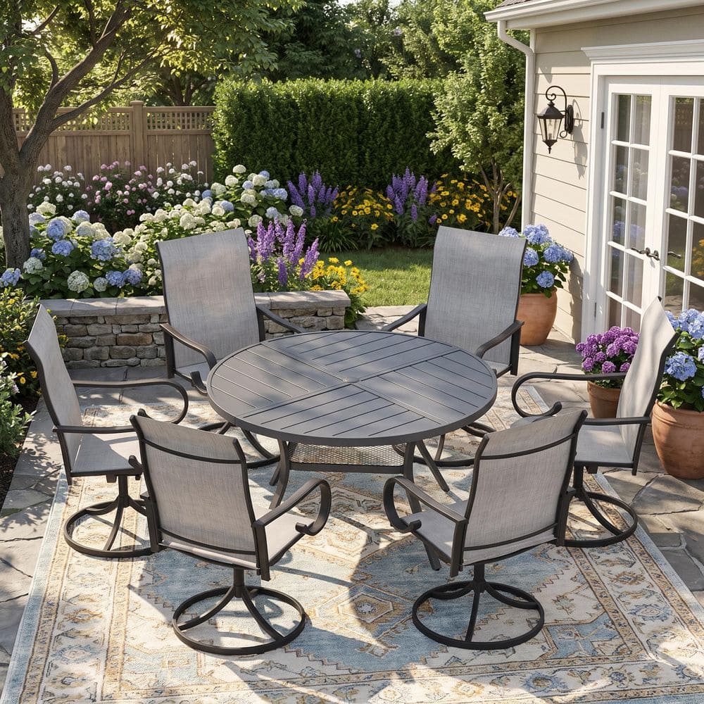 7-Piece Metal Outdoor Dining Set with 47.2 in. Gray Round Table and 6 Textilene Swivel Dining Chairs with Gray Fabric price history on PriceWatchPro