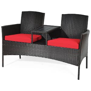 One-Piece Wicker Patio Rattan Conversation Set with Red Cushions Patented