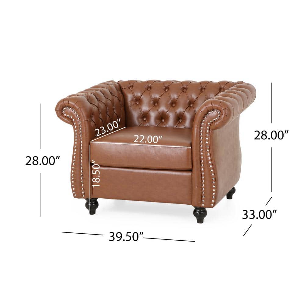 Chesterfield Brown Faux Leather Accent Chair with Birch Wood Legs