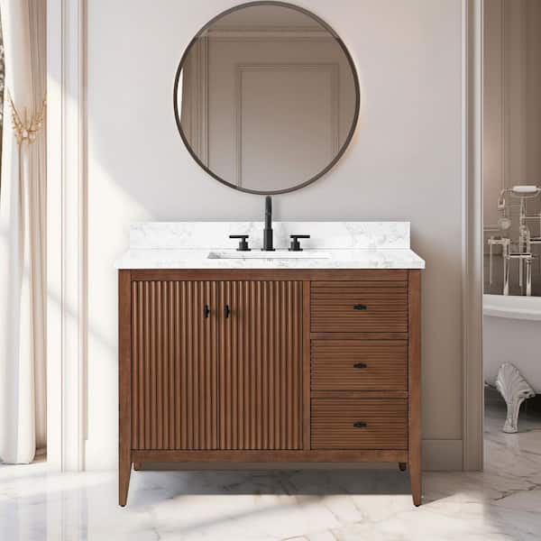 Vanity Art 42 in. W x 22 in D x 38 in. H Single Sink Bath Vanity Cabinet in Linear Walnut with White Engineered Marble Top